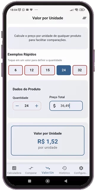 Tela de Cálculo por Unidade